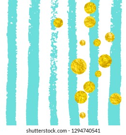 Gold glitter dots confetti on turquoise stripes. Falling sequins with shimmer and sparkles. Design with gold glitter dots for party invitation, bridal shower and save the date invite.