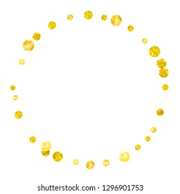 Gold glitter dots confetti on isolated backdrop. Shiny random sequins with metallic sparkles. Template with gold glitter dots for party invitation, event banner, flyer, birthday card.
