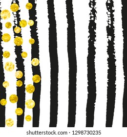 Gold glitter dots confetti on black stripes. Random falling sequins with glossy sparkles. Template with gold glitter dots for party invitation, event banner, flyer, birthday card.
