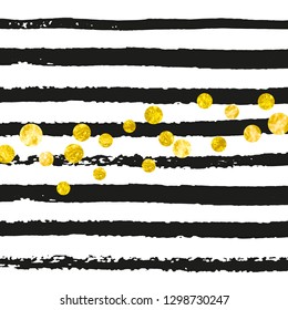 Gold glitter dots confetti on black stripes. Falling sequins with metallic shimmer. Design with gold glitter dots for greeting card, bridal shower and save the date invite.