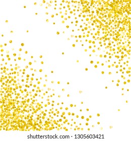 Gold glitter dots confetti on isolated backdrop. Shiny falling sequins with shimmer and sparkles. Design with gold glitter dots for party invitation, bridal shower and save the date invite.