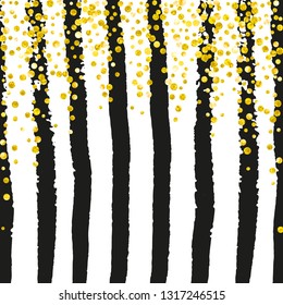Gold glitter dots confetti on black stripes. Shiny falling sequins with shimmer and sparkles. Design with gold glitter dots for greeting card, bridal shower and save the date invite.