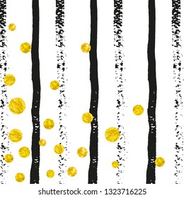 Gold glitter dots confetti on black stripes. Falling sequins with metallic shimmer. Template with gold glitter dots for party invitation, event banner, flyer, birthday card.