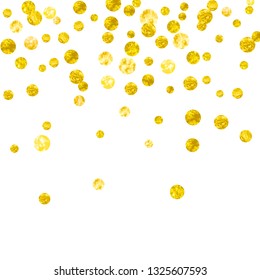Gold glitter dots confetti on isolated backdrop. Falling sequins with shimmer and sparkles. Template with gold glitter dots for party invitation, bridal shower and save the date invite.