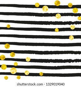 Gold glitter dots confetti on black stripes. Random falling sequins with glossy sparkles. Design with gold glitter dots for party invitation, bridal shower and save the date invite.