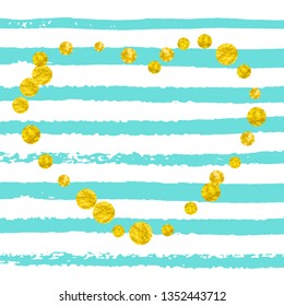 Gold glitter dots confetti on turquoise stripes. Shiny random falling sequins with sparkles. Design with gold glitter dots for greeting card, bridal shower and save the date invite.