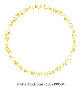 Gold glitter dots confetti on isolated backdrop. Random falling sequins with glossy sparkles. Design with gold glitter dots for greeting card, bridal shower and save the date invite.