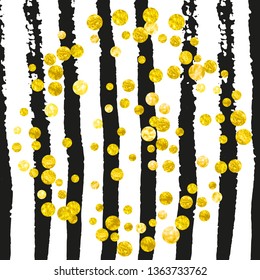 Gold glitter dots confetti on black stripes. Sequins with metallic shimmer and sparkles. Design with gold glitter dots for party invitation, banner, greeting card, bridal shower.