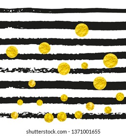 Gold glitter dots confetti on black stripes. Random falling sequins with glossy sparkles. Design with gold glitter dots for greeting card, bridal shower and save the date invite.