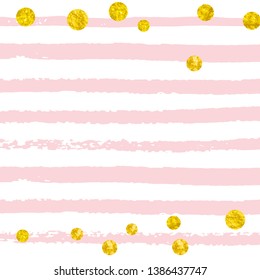 Gold glitter dots confetti on pink stripes. Sequins with metallic shimmer and sparkles. Template with gold glitter dots for party invitation, event banner, flyer, birthday card.
