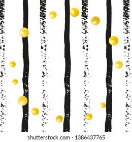 Gold glitter dots confetti on black stripes. Falling sequins with shimmer and sparkles. Template with gold glitter dots for party invitation, bridal shower and save the date invite.