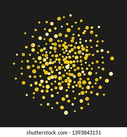 Gold glitter dots confetti on isolated backdrop. Shiny falling sequins with shimmer and sparkles. Template with gold glitter dots for party invitation, banner, greeting card, bridal shower.