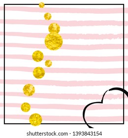 Gold glitter dots confetti on pink stripes. Shiny falling sequins with shimmer and sparkles. Template with gold glitter dots for party invitation, bridal shower and save the date invite.