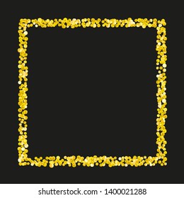 Gold glitter dots confetti on isolated backdrop. Sequins with metallic shimmer and sparkles. Template with gold glitter dots for greeting card, bridal shower and save the date invite.