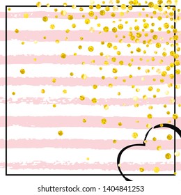 Gold glitter dots confetti on pink stripes. Shiny random sequins with metallic sparkles. Design with gold glitter dots for greeting card, bridal shower and save the date invite.