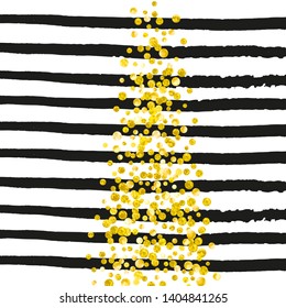 Gold glitter dots confetti on black stripes. Falling sequins with shimmer and sparkles. Template with gold glitter dots for party invitation, bridal shower and save the date invite.