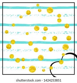 Gold glitter dots confetti on turquoise stripes. Random falling sequins with glossy sparkles. Design with gold glitter dots for party invitation, event banner, flyer, birthday card.
