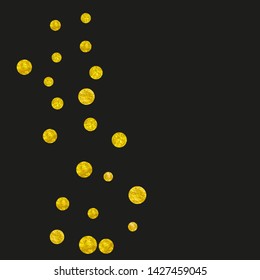 Gold glitter dots confetti on isolated backdrop. Shiny random sequins with metallic sparkles. Template with gold glitter dots for party invitation, bridal shower and save the date invite.