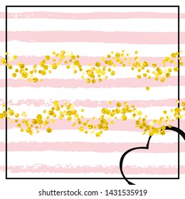 Gold glitter dots confetti on pink stripes. Shiny falling sequins with shimmer and sparkles. Design with gold glitter dots for greeting card, bridal shower and save the date invite.