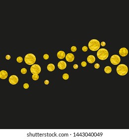 Gold glitter dots confetti on isolated backdrop. Sequins with metallic shimmer and sparkles. Template with gold glitter dots for party invitation, event banner, flyer, birthday card.