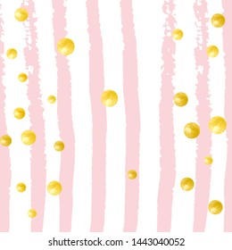 Gold glitter dots confetti on pink stripes. Falling sequins with shimmer and sparkles. Template with gold glitter dots for party invitation, event banner, flyer, birthday card.