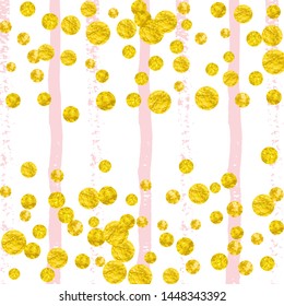 Gold glitter dots confetti on pink stripes. Sequins with metallic shimmer and sparkles. Design with gold glitter dots for party invitation, event banner, flyer, birthday card.