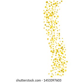 Gold glitter dots confetti on isolated backdrop. Falling sequins with glossy sparkles. Design with gold glitter dots for greeting card, bridal shower and save the date invite.