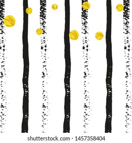 Gold glitter dots confetti on black stripes. Sequins with metallic shimmer and sparkles. Template with gold glitter dots for party invitation, banner, greeting card, bridal shower.