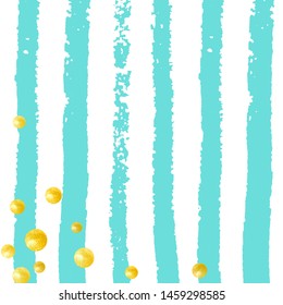 Gold glitter dots confetti on turquoise stripes. Shiny random sequins with metallic sparkles. Design with gold glitter dots for party invitation, banner, greeting card, bridal shower.
