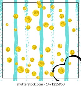 Gold glitter dots confetti on turquoise stripes. Falling sequins with metallic shimmer. Template with gold glitter dots for party invitation, bridal shower and save the date invite.