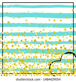 Gold glitter dots confetti on turquoise stripes. Random falling sequins with metallic shimmer. Design with gold glitter dots for party invitation, event banner, flyer, birthday card.