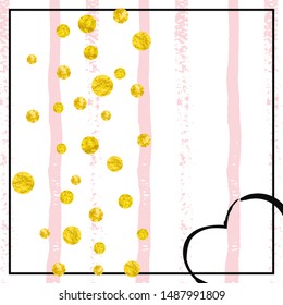Gold glitter dots confetti on pink stripes. Falling sequins with metallic shimmer. Design with gold glitter dots for party invitation, event banner, flyer, birthday card.