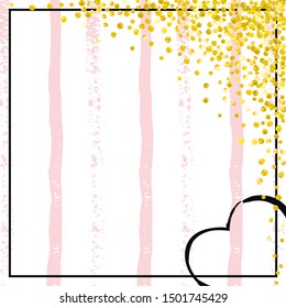 Gold glitter dots confetti on pink stripes. Shiny random falling sequins with shimmer. Template with gold glitter dots for party invitation, event banner, flyer, birthday card.