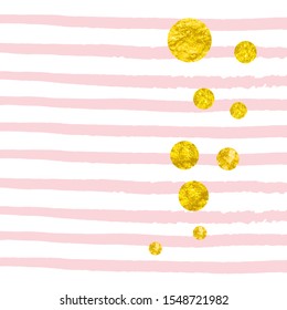 Gold glitter dots confetti on pink stripes. Shiny falling sequins with shimmer and sparkles. Template with gold glitter dots for party invitation, banner, greeting card, bridal shower.