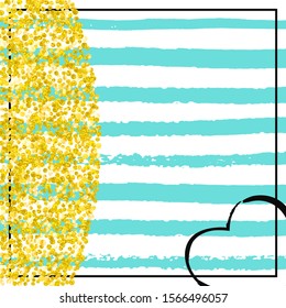 Gold glitter dots confetti on turquoise stripes. Shiny falling sequins with shimmer and sparkles. Template with gold glitter dots for greeting card, bridal shower and save the date invite.