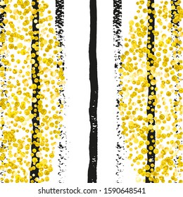 Gold glitter dots confetti on black stripes. Random falling sequins with metallic shimmer. Template with gold glitter dots for party invitation, bridal shower and save the date invite.