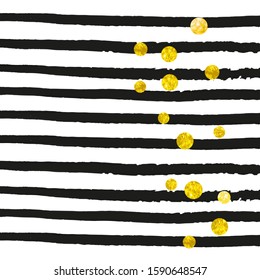 Gold glitter dots confetti on black stripes. Sequins with metallic shimmer and sparkles. Template with gold glitter dots for greeting card, bridal shower and save the date invite.