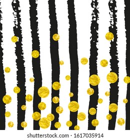 Gold glitter dots confetti on black stripes. Falling sequins with metallic shimmer. Design with gold glitter dots for party invitation, event banner, flyer, birthday card.