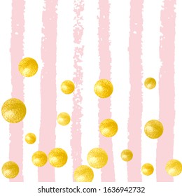 Gold glitter dots confetti on pink stripes. Random falling sequins with glossy sparkles. Design with gold glitter dots for greeting card, bridal shower and save the date invite.