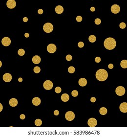 gold glitter dots on  black background. Golden foil confetti. Seamless pattern