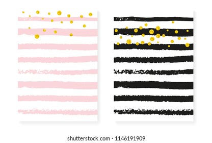 Gold glitter dots with sequins. Wedding and bridal shower invitation cards set with confetti. Vertical stripes background. Trendy gold glitter dots for party, event, save the date flyer.