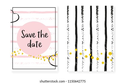 Gold glitter dots with sequins. Wedding and bridal shower invitation cards set with confetti. Vertical stripes background. Luxury gold glitter dots for party, event, save the date flyer.