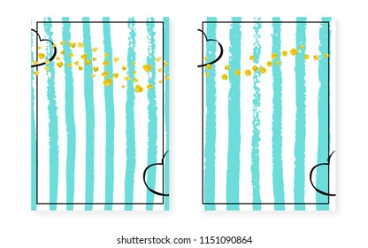Gold glitter dots with sequins. Wedding and bridal shower invitation cards set with confetti. Vertical turquoise stripes background. Tender gold glitter dots for party, event, save the date flyer