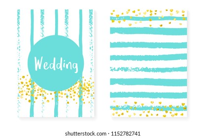 Gold glitter dots with sequins. Wedding and bridal shower invitation cards set with confetti. Vertical mint stripes background. Retro gold glitter dots for party, event, save the date flyer