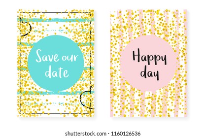 Gold glitter dots with sequins. Wedding and bridal shower invitation cards set with confetti. Vertical stripes background. Tender gold glitter dots for party, event, save the date flyer.