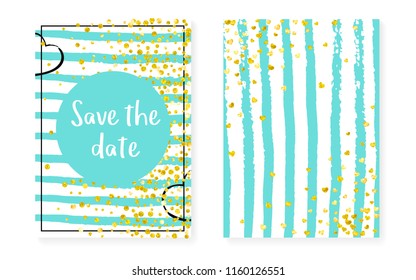 Gold glitter dots with sequins. Wedding and bridal shower invitation cards set with confetti. Vertical turquoise stripes background. Retro gold glitter dots for party, event, save the date flyer