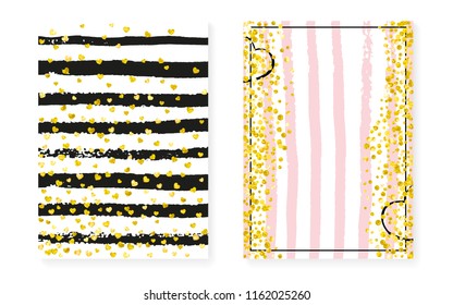 Gold glitter dots with sequins. Wedding and bridal shower invitation cards set with confetti. Vertical stripes background. Retro gold glitter dots for party, event, save the date flyer.
