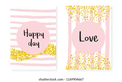 Gold glitter dots with sequins. Wedding and bridal shower invitation cards set with confetti. Vertical stripes background. Elegant gold glitter dots for party, event, save the date flyer.