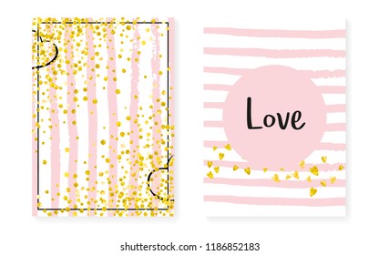 Gold glitter dots with sequins. Wedding and bridal shower invitation cards set with confetti. Vertical stripes background. Luxury gold glitter dots for party, event, save the date flyer.