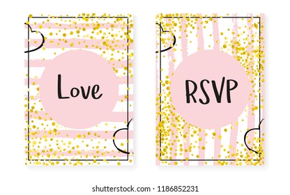 Gold glitter dots with sequins. Wedding and bridal shower invitation cards set with confetti. Vertical stripes background. Luxury gold glitter dots for party, event, save the date flyer.
